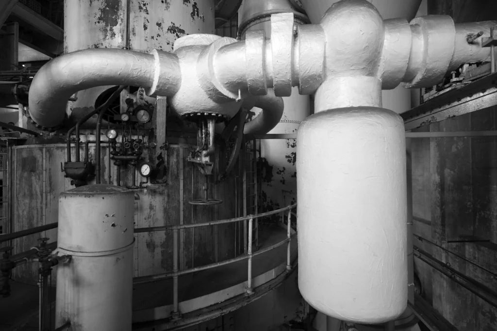 Chaudière industrielle et réseaux de tuyauteries calorifugées à déposer dans une chaufferie